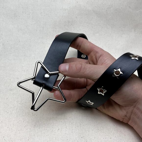 y2k style round studded vegan leather black and silver star studded grunge belt - Picture 1 of 8